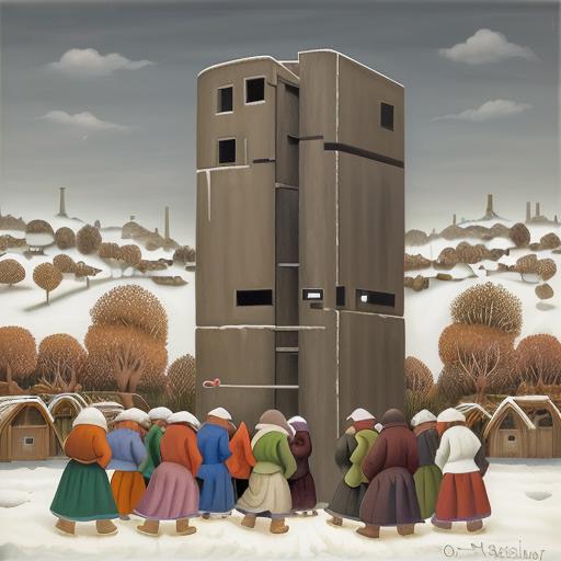 03071-1114825387-masterpiece, oil painting _(medium_), naive art, a remote village, people gathered around gigantic grey postmodern post soviet b.png